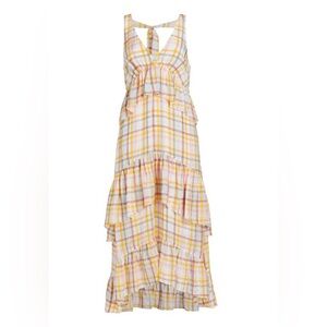 CINQ À SEPT Astor Tiered Midi-Dress in White Multi Check Plaid Size 8 New